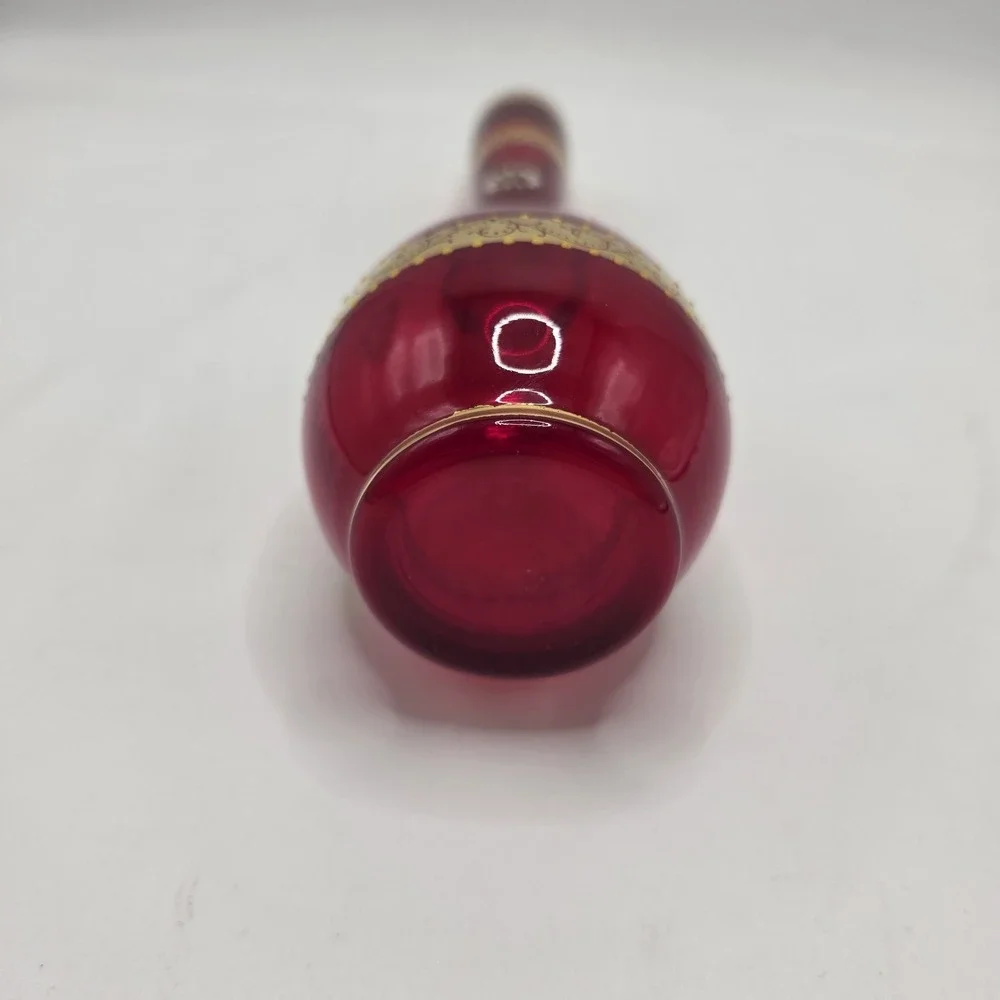 Vintage Ruby Red Glass Bud Vase Gold Enamel Floral Bohemian Style‎ 8in